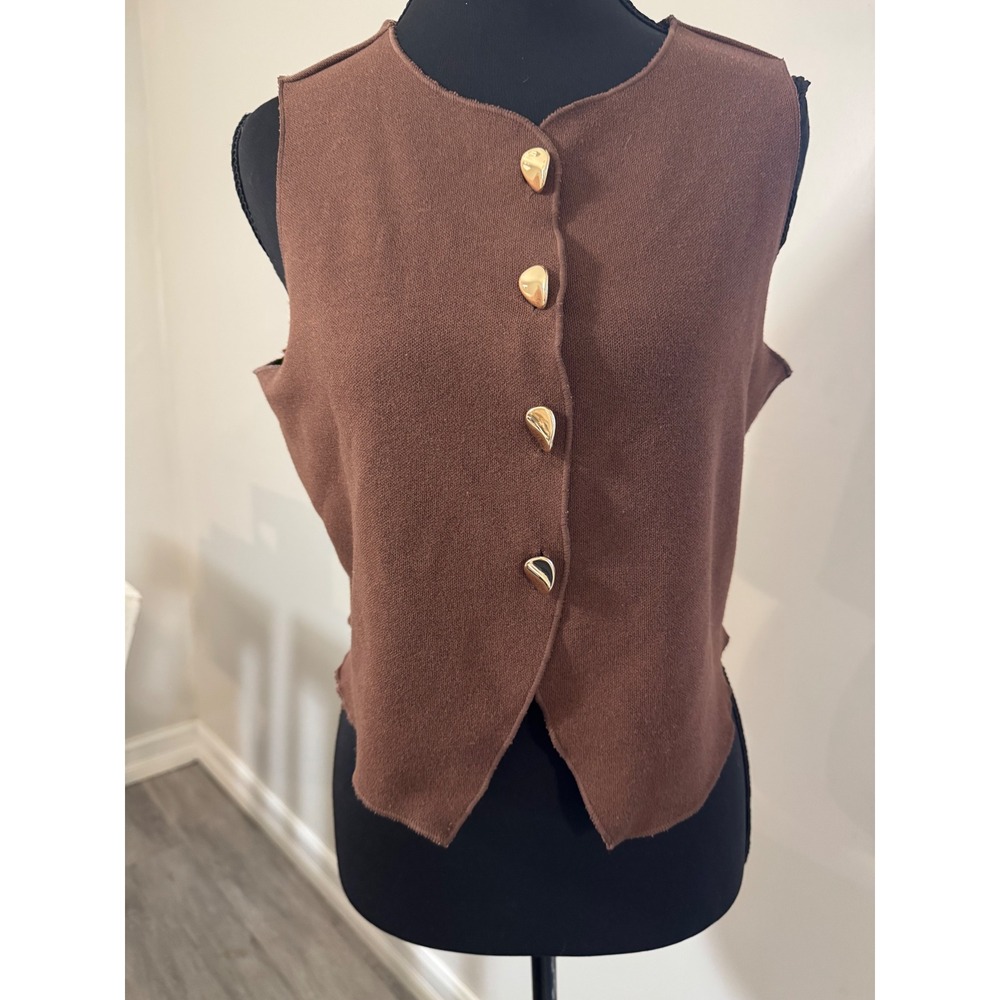 H&M Divided Brown Knit Cropped Vest Gold Button Sleeveless Top Medium